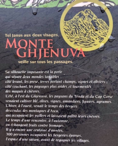 Cume Ghjanu cun duie facce, MONTE GHJENUVA feghja è cura tutti quelli chì passanu... A so statura maestosa hè a porta chì spicca dui mondi tangibili: latu levante, e prese, terre cù i chjosi, vigne ed aliveti; latu punente, paisaghji più secchi è straziati, di machje caprune. D’istatina, à l’este di U Ghjenuva, i paisani di U Tenda è Capicorsu ghjunghjianu à cultivà e biade, l’alive, l’amanduli, i fichi è l’agrumi. D’invernu, à l’ueste venia u tempu di i pastori falati da e muntagne di L’Ascu, chì occupavanu i pagliaghji è facianu pasce e so capre. A stonda di un scontru, ghjuntu u vaghjime, si barattava frutta in scambiu di casgi. Una centina d’anni fà, trecentu persone stavanu in i stazzi spapersi, durante una stagione, prima di vultà si ne in i paesi Cume Ghjanu cun duie facce, MONTE GHJENUVA feghja è cura tutti quelli chì passanu... A so statura maestosa hè a porta chì spicca dui mondi tangibili: latu levante, e prese, terre cù i chjosi, vigne ed aliveti; latu punente, paisaghji più secchi è straziati, di machje caprune. D’istatina, à l’este di U Ghjenuva, i paisani di U Tenda è Capicorsu ghjunghjianu à cultivà e biade, l’alive, l’amanduli, i fichi è l’agrumi. D’invernu, à l’ueste venia u tempu di i pastori falati da e muntagne di L’Ascu, chì occupavanu i pagliaghji è facianu pasce e so capre. A stonda di un scontru, ghjuntu u vaghjime, si barattava frutta in scambiu di casgi. Una centina d’anni fà, trecentu persone stavanu in i stazzi spapersi, durante una stagione, prima di vultà si ne in i paesi
